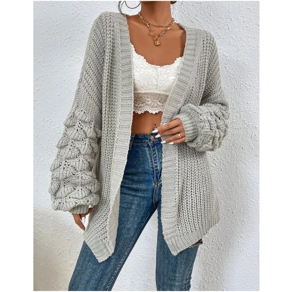 #18 Cozy Grey Open Front Pom Pom Sleeve Cardigan - Picture 2 of 5